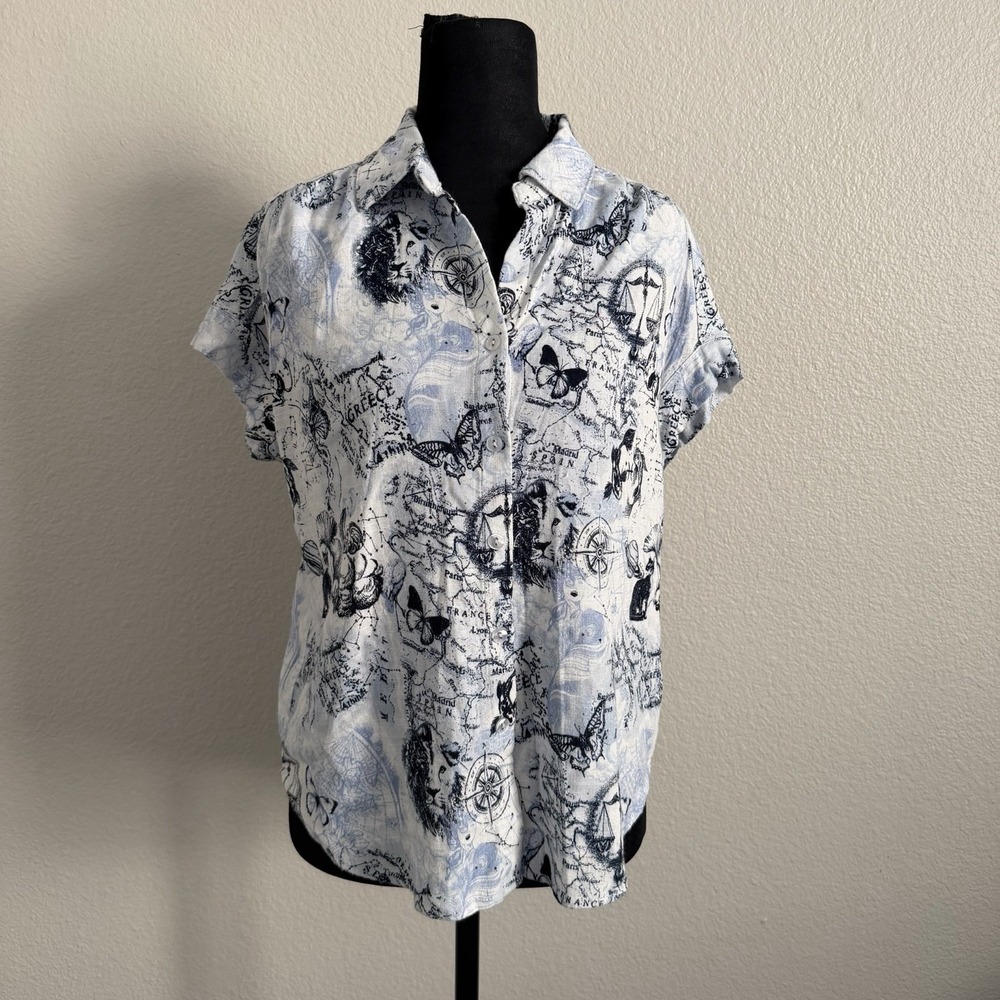 Jane + Delancey Women's Small Short Sleeve Button Up Novelty Artsy Sketch